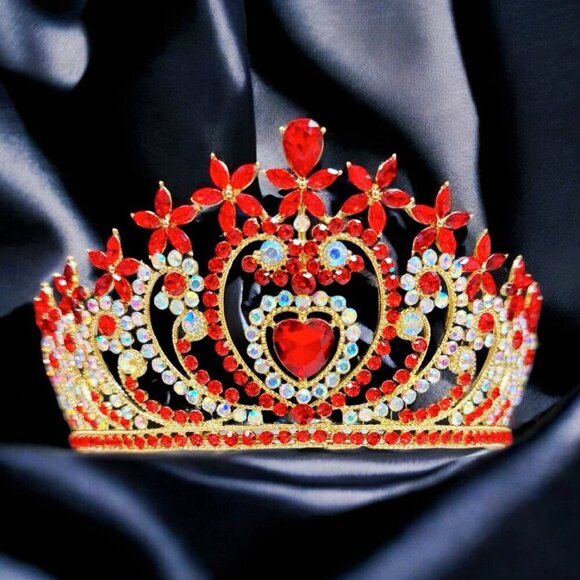 Crystal heart tiara, Gold tiara, Red stone tiara, Bridal tiara, Birthday crown main image 6